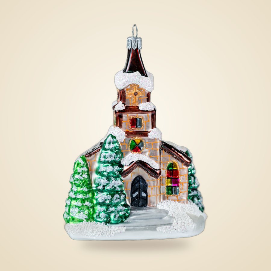 Winter church glass ornament